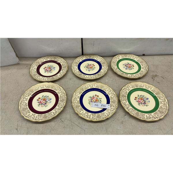 Set of 6 Johnson Bros. Victorian Pattern Decorative Plates with Floral Bouquet and Gold Border