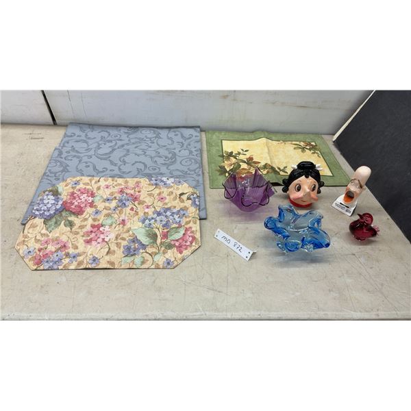 Art Glass Bowls, Murano Bird, Ceramic Novelty Figurines, Singing Man Bottle, Place Mats and More