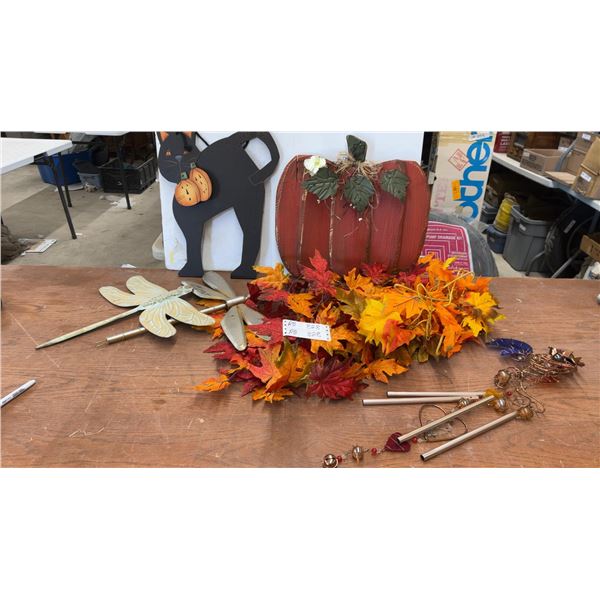 Autumn Decor & Garden Accents: Wooden Pumpkin, Faux Leaves, Metal Dragonflies, & Wind Chimes