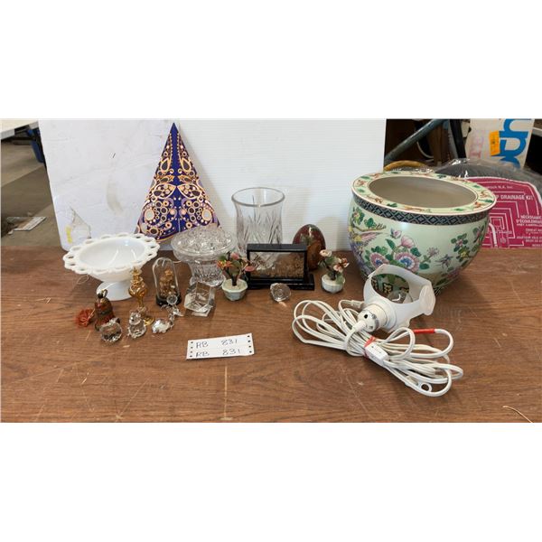 Assorted Decor & Collectibles: Chinese Porcelain Planter, Crystal Figurines, & More