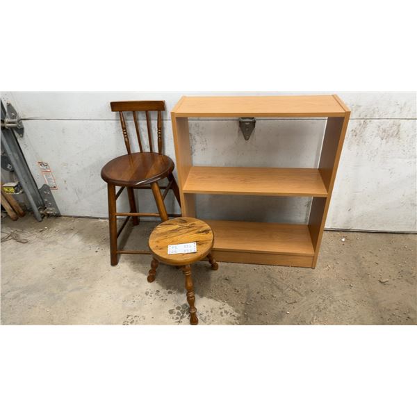 Two Wooden Stools & a Two-Shelf Bookcase