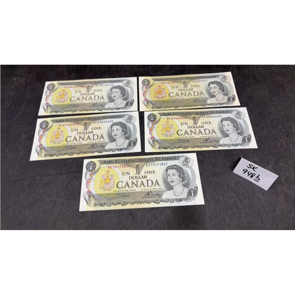 Five 1973 Canadian One Dollar Banknotes Featuring Queen Elizabeth II