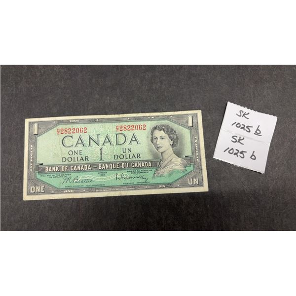 1954 Bank of Canada One Dollar Banknote, Queen Elizabeth II, Beattie-Rasminsky Signatures