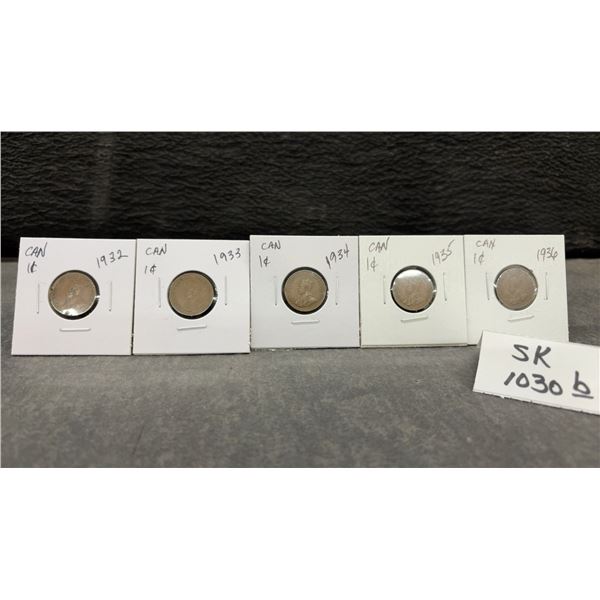 Collection of Five Canadian King George V One-Cent Coins, 1932, 1933, 1934, 1935 and 1936