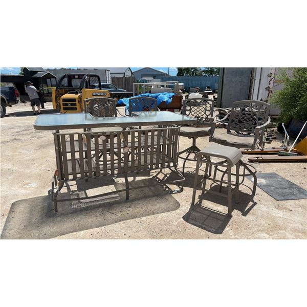 Patio Bar Table 77 x 40 x 41 with Glass Top, 4 Bar Chairs & a Bar Stool