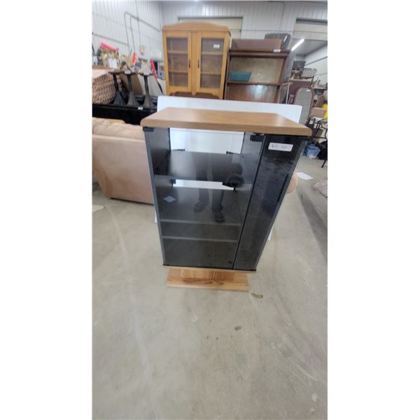 Media Storage Tower with Wooden Top and Base, Glass Door, and Side Shelving 45 x 25 x 15"
