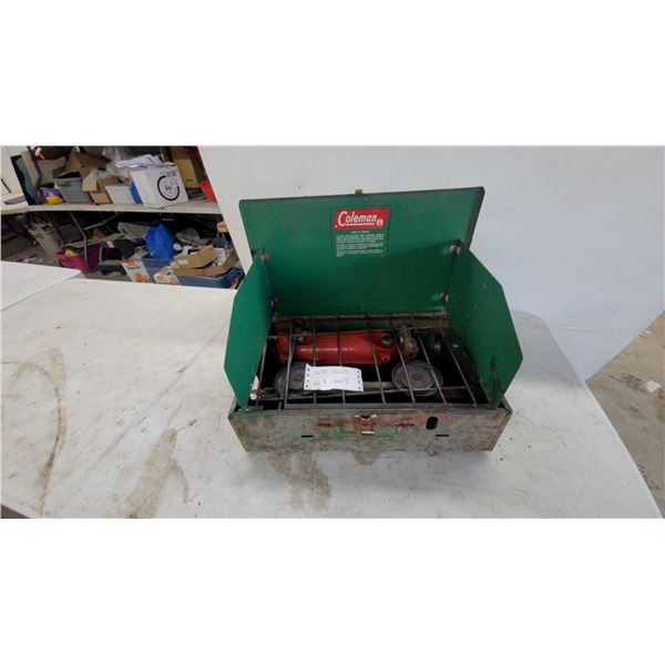 Vintage Coleman 425 Series Two-Burner Liquid Fuel Camp Stove, Green Metal Case, Circa 1960s-1980s