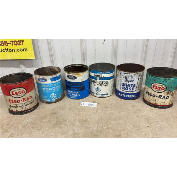 Vintage One-Gallon Anti-Freeze Cans Including Esso-Rad, Ford, Chryco, White Rose and More