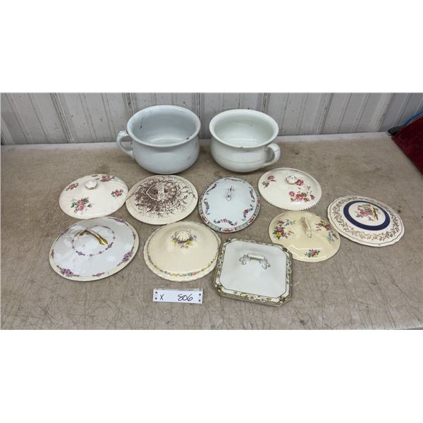 Two White Ceramic Chamber Pots and Ten Assorted Antique Decorative Lids