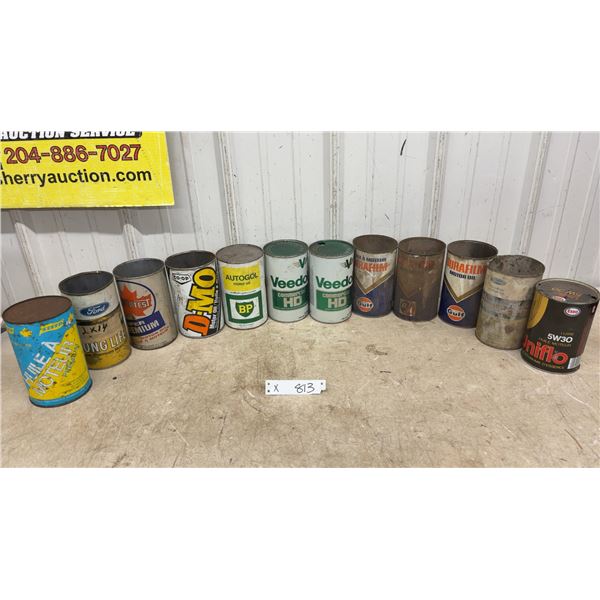 Collection of 12 Vintage Motor Oil Cans Including Steed, Ford, Supertest, BP, Veedol, Gulf and More