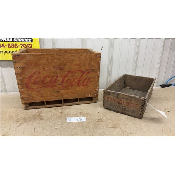 Vintage Wooden Coca-Cola Bottle Crate and Davies Co. Corned Beef Crate