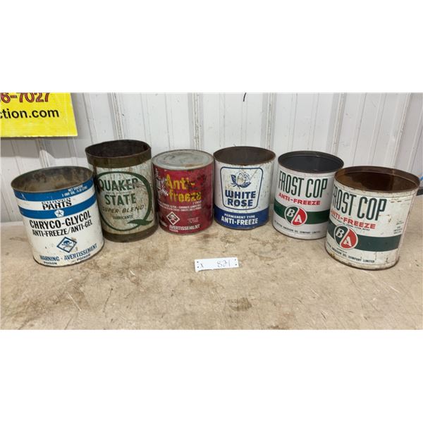Vintage Anti-Freeze Cans Including Chryco, Quaker State, GM, White Rose, and Frost Cop B/A