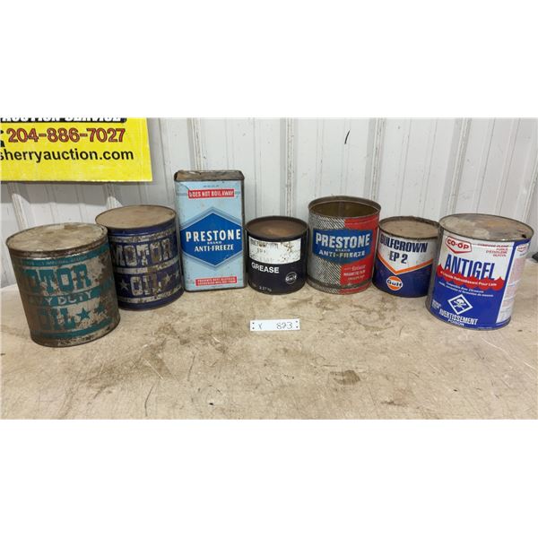 Vintage Oil Cans Including Prestone Anti-Freeze, Gulf Grease, Gulfcrown EP 2, Co-Op Antigel and Mor