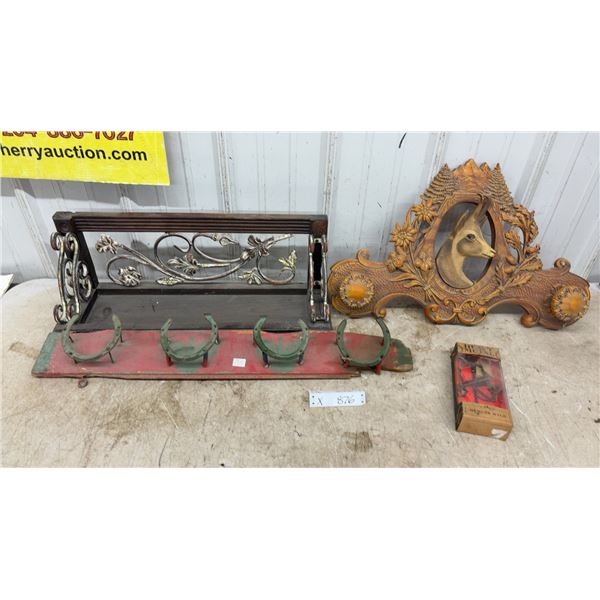 Antique Wood Shelf, Black Forest Chamois Wall Hanging, Horseshoe Coat Rack and Deuces Wild Puzzle