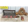Image 1 : Antique Wood Shelf, Black Forest Chamois Wall Hanging, Horseshoe Coat Rack and Deuces Wild Puzzle