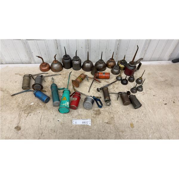 Large Collection of Vintage Metal Oil Cans, Pump-Action Oilers, Bulb Oilers, Grease Guns and More