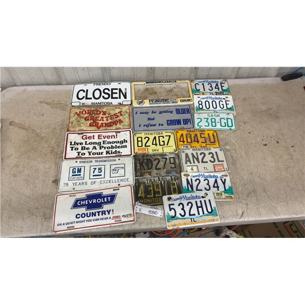 Collection of Manitoba and Saskatchewan License Plates, Novelty Plates, and Dealership Frame - X17