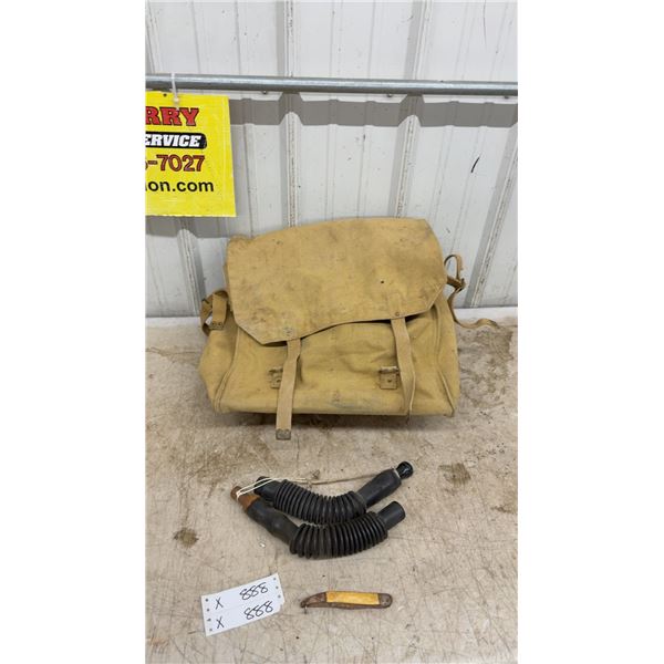 Vintage Canvas Military Haversack, Pair of Rubber Game Calls, and Folding Pocket Knife