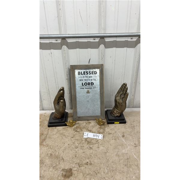 Framed "Blessed" Jeremiah 17:7 Galvanized Sign, Praying Hands Sculptures, and Cherubs