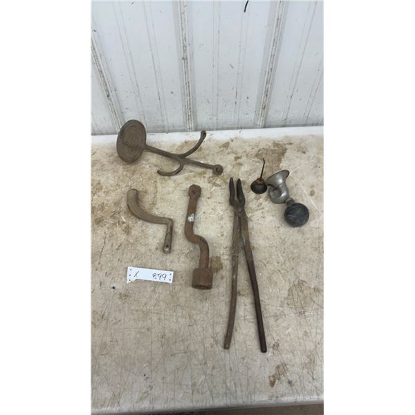 Antique Blacksmith Tongs, Buggy Step, Oil Cans, Bent Iron Handle and More