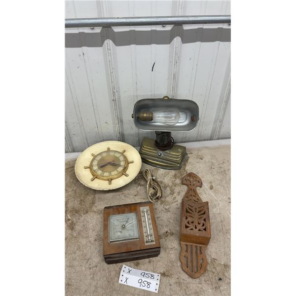Vintage Desk Lamp, Ship's Wheel Clock, Wooden Barometer/Thermometer, and Carved Wall Sconce