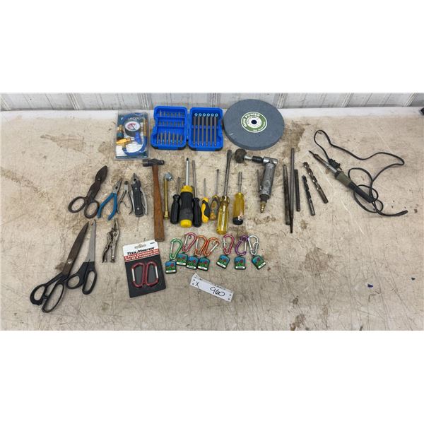Assorted Tools, Screwdrivers, Hammer, Pliers, Air Die Grinder, Bit Set, Carabiners and More