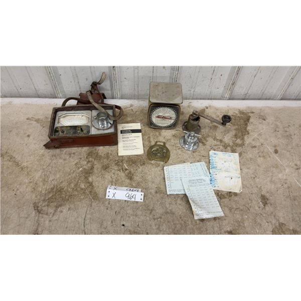 Protimeter Grainmaster Moisture Meter, Pelouze Postal Scale, Brass Horse Medallion and More