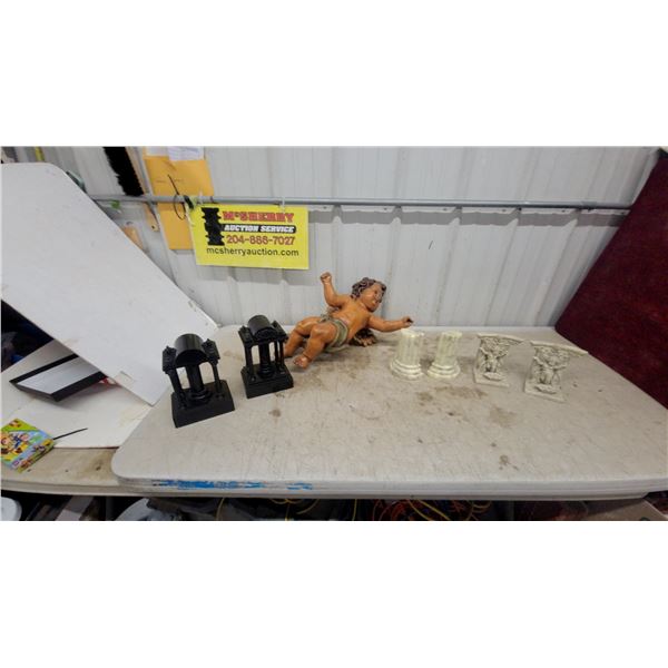 Resin Cherub Statue, Pair of Black Ornate Wall Sconces, Column Fragments and More