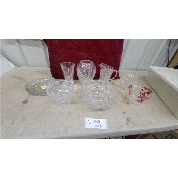 Cut Glass Collection Crystal: Ruby Overlay Floral Vase, Pinwheel Bowls, Handled Dish
