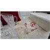 Image 2 : Cut Glass Collection Crystal: Ruby Overlay Floral Vase, Pinwheel Bowls, Handled Dish