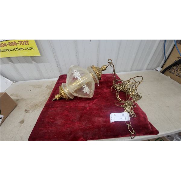 Vintage Ornate Hanging Pendant Light with Etched Floral Glass Shade and Brass Chain