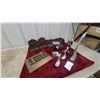 Image 1 : Ornate Metal Bookends, Wooden Display Stand, Polished Metal Door Handles, and More