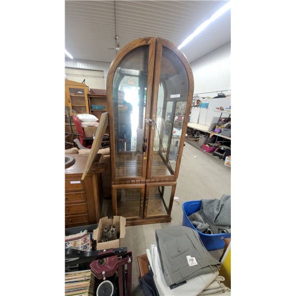 Arched-Top Oak Curio Display Cabinet With Four Glass Doors and Mirrored Back 78 x 30 x 15" Has