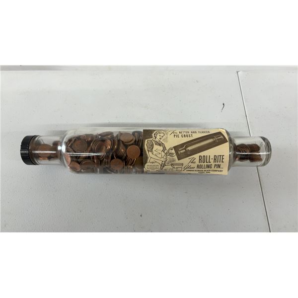 Vintage Glass Rolling Pin Full of Pennies