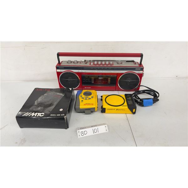 Vintage Retro Electronics Lot: Red Boombox, Sony Walkman, Walkman in Box, and More, Untested