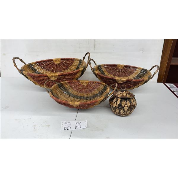 3 Vintage Hand Woven Nesting Gathering Baskets, Largest 15" Across, and More