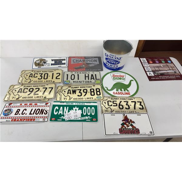 Vintage Pairs of Manitoba License Plates, Metal Service Station Signs and More