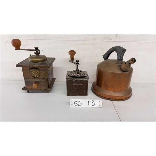 2 Antique Coffee Grinders and 1 Copper Tea Kettle