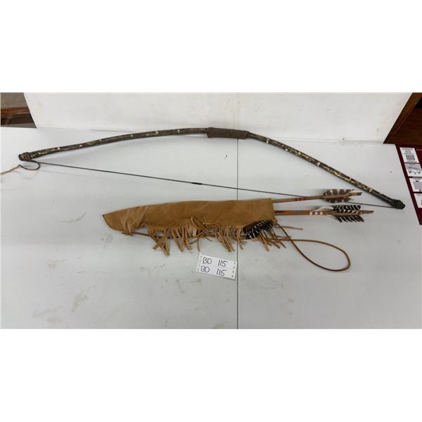 Vintage First Nations Bow and Arrows with Buckskin Quiver, 2 Arrows Have Stone Points