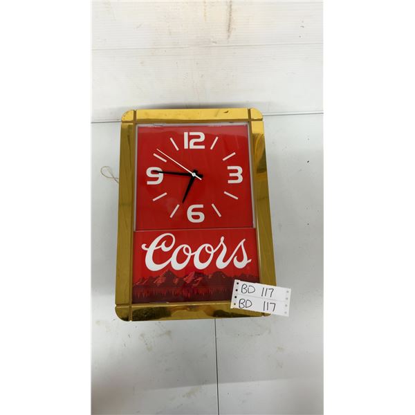 Vintage Coors Beer Light-Up Clock Sign, Light and Clock Works, 18 x 12"