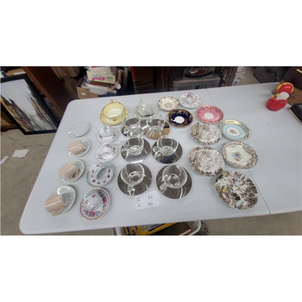 Assorted Vintage Teacups and Saucers, Glass, Porcelain, and Ceramic, Floral, Gilt, and More