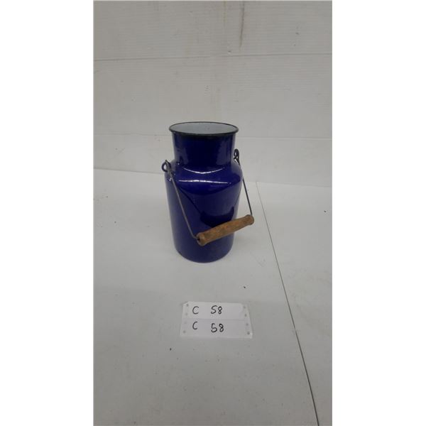 Vintage Cobalt Blue Enameled Metal Cooler Can with Wire Bail Handle and Wooden Grip
