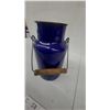 Image 2 : Vintage Cobalt Blue Enameled Metal Cooler Can with Wire Bail Handle and Wooden Grip