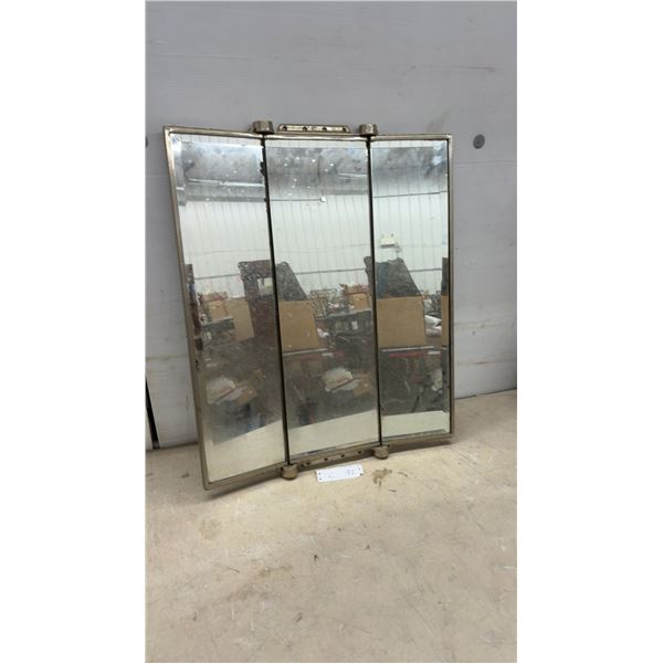 Vintage Three-Panel Hinged Tri-Fold Vanity Mirror with Brass-Toned Metal Frame, 30 x 24"