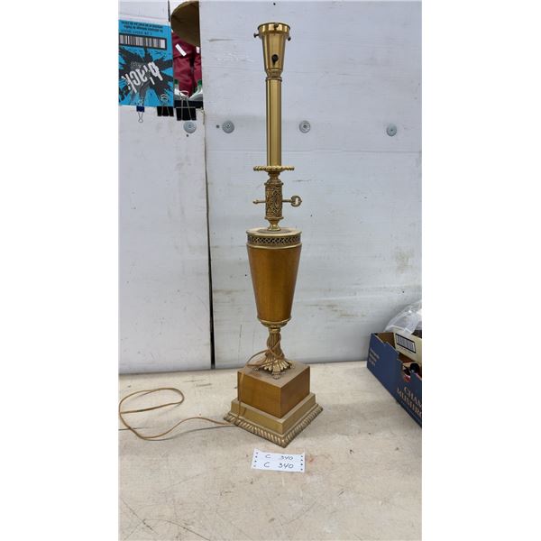 Vintage Neoclassical Style Table Lamp with Tapered Wood Body and Brass Accents, 34" High