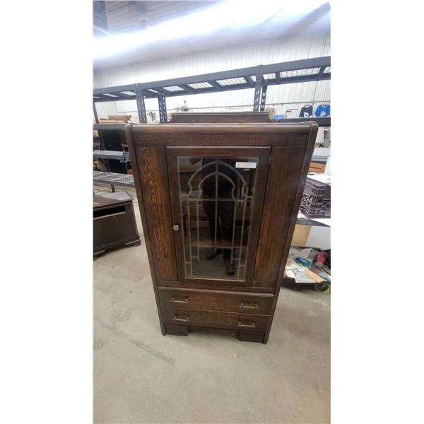 Vintage 1930s-1940s Art Deco Waterfall Display Cabinet with Leaded Glass Door and Two Drawers