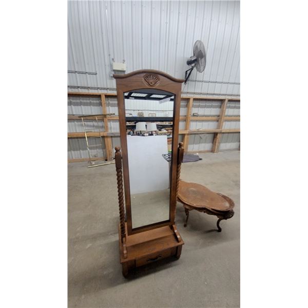 Wooden Cheval Mirror with Carved Shell Motif, Barley-Twist Posts, Shelf, and Drawer Mirror Size