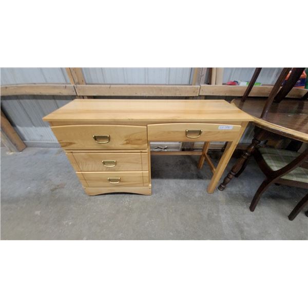 Light Wood Vanity Desk with Three-Drawer Base and Three-Door Hutch, Brass Pull Handles