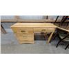 Image 1 : Light Wood Vanity Desk with Three-Drawer Base and Three-Door Hutch, Brass Pull Handles