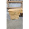 Image 4 : Light Wood Vanity Desk with Three-Drawer Base and Three-Door Hutch, Brass Pull Handles